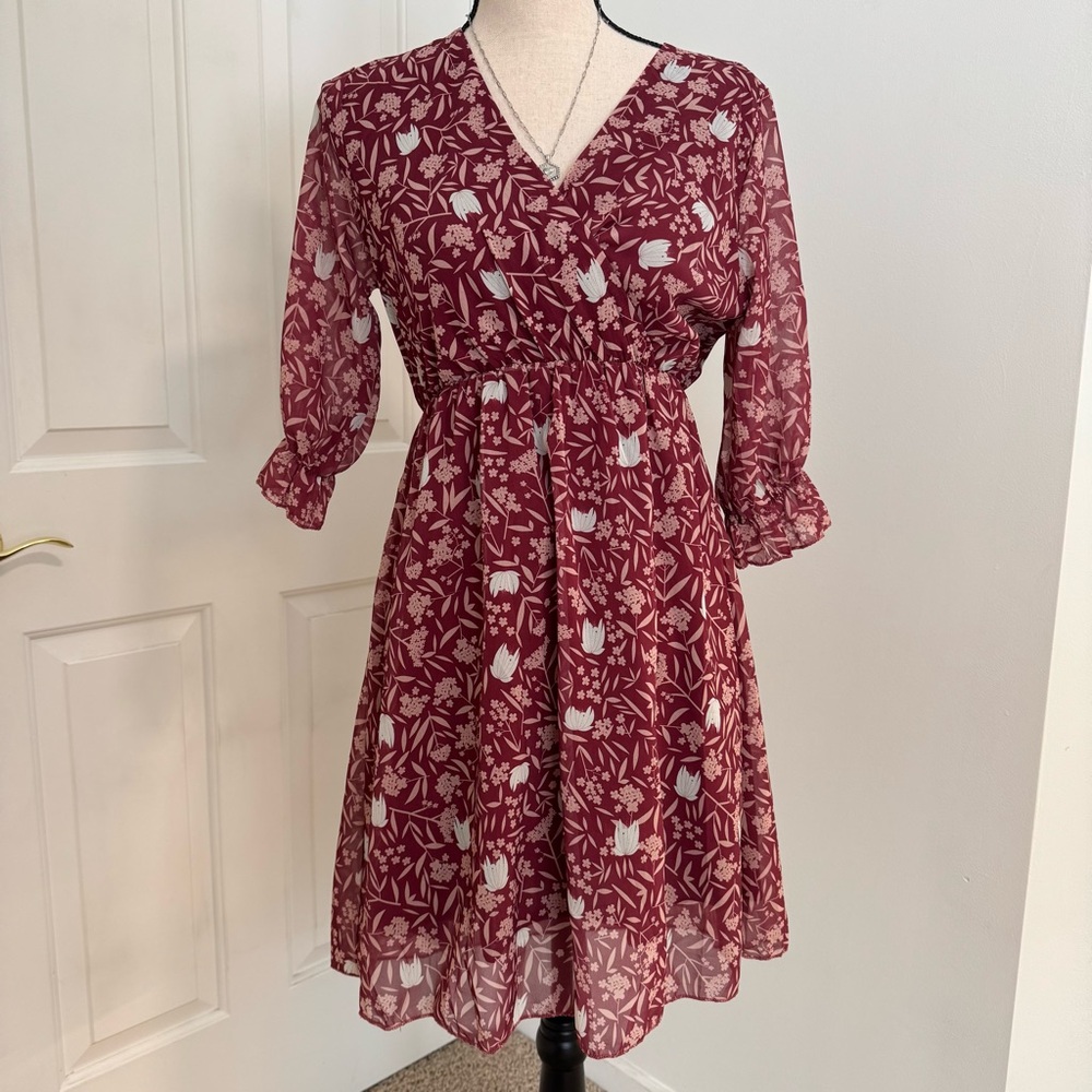 Floral Faux Wrap Midi Dress Burgundy Size Small Boho Cottage Core